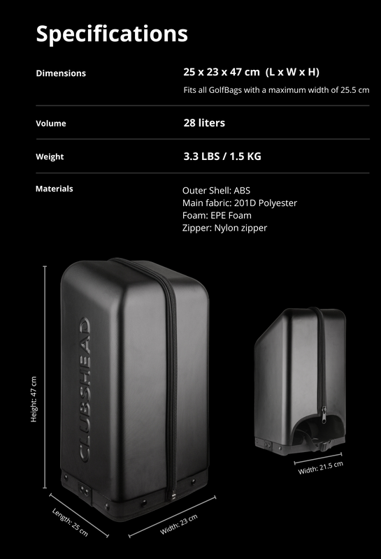 Golf Club Travel protector photo with dimensions and specifications on a black background