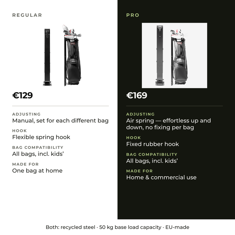 A comparison graphic for a golf bag, showing the REGULAR version on a white background and the PRO version on a dark charcoal background. The PRO version is described as having an air spring for effortless up and down adjustment, a fixed rubber hook, and is suitable for home and commercial use.